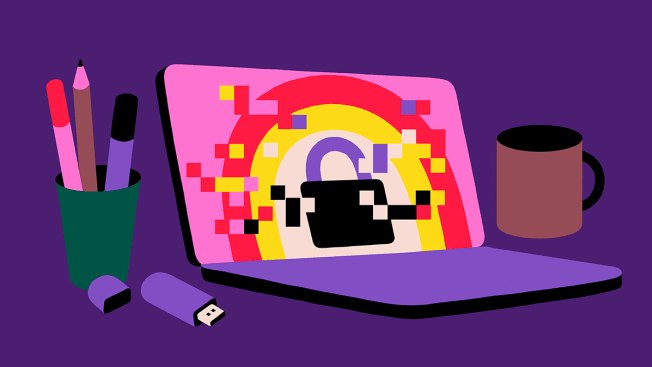 Illustration of a laptop with a secure lock on it thats being corrupted digitally