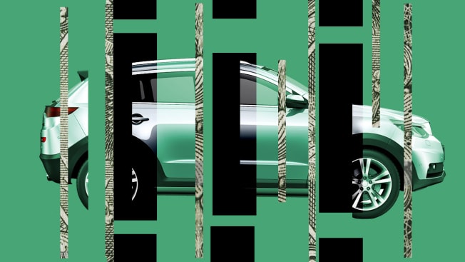 Image of a car broken up with strips of black and money.