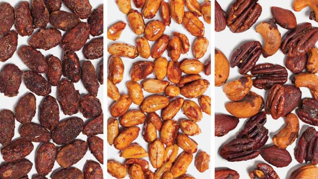 Cocoa roasted almonds, spicy honey roasted peanuts and spiced mixed nuts