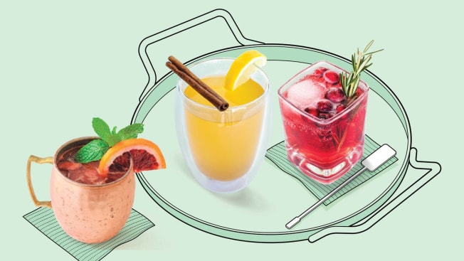 Kombucha Mule, Spiced Hot Toddy, Cranberry- Apple Fizz Drinks on illustrated serving tray