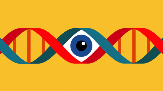 A GIF of a blinking eye with binary code behind it in a DNA strand