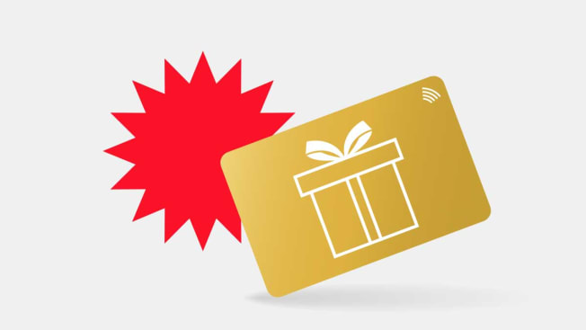 Illustration of a gift card with a sales tag behind it.