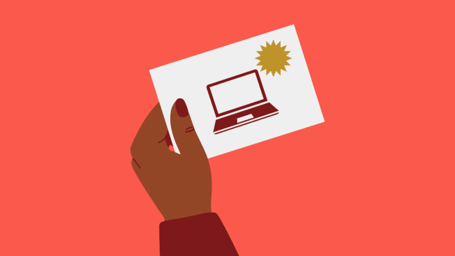 Illustration of a hand holding a card with a computer on it.