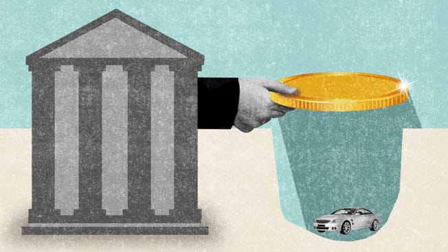 An illustration of a hand coming out of a bank offering a large coin. The coin is extended over a deep hole that a car sits on the bottom of.