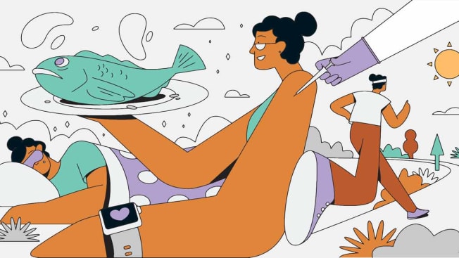 illustration of people sleeping, person holding fish platter getting a shot, and person running on trail