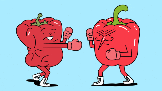 A GIF of an "imperfect" red pepper fighting a "perfect" red pepper.
