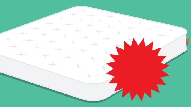 Illustration of a mattress with a red sales tag on it.