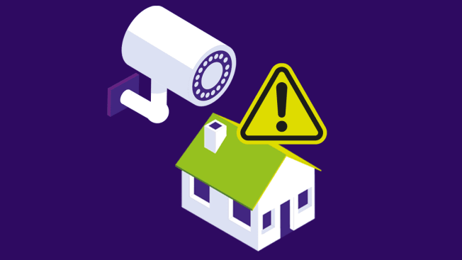 Illustration of a home security camera, house and warning sign