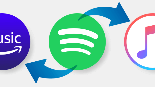 Spotify logo with arrows directing from it to logos for Amazon and Apple Music.