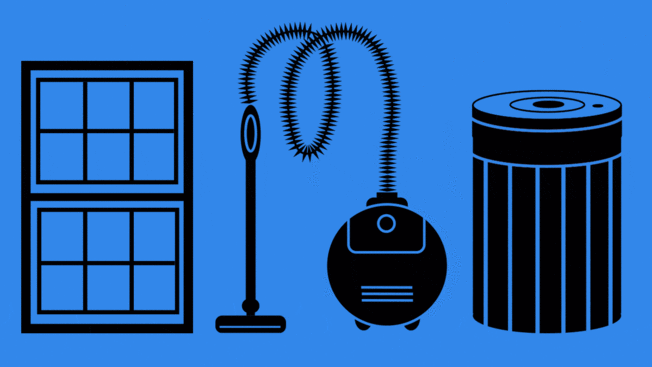 An illustration of a window, vacuum cleaner, and air purifier with sales tags