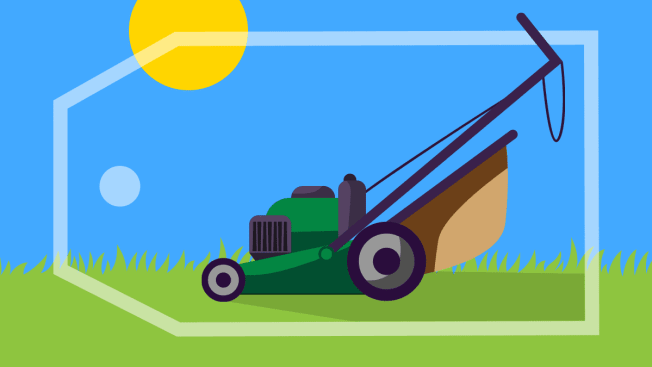 Illustration of a lawn mower on grass with a large sales tag around it.