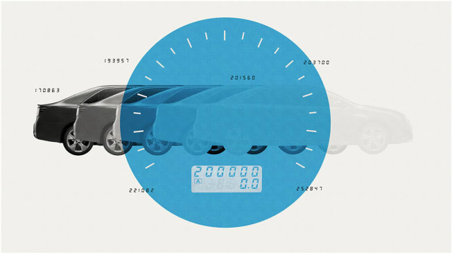 Illustration of car going through a odometer reaching 200,000 miles
