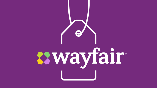 Wayfair logo with an illustrated sales tag surrounding it.