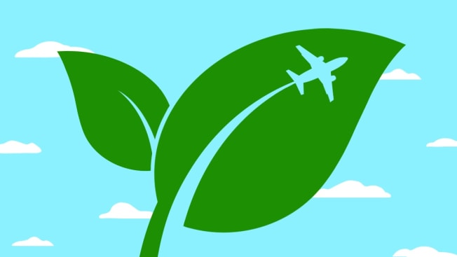 Plane cut out of green leave on cloud background