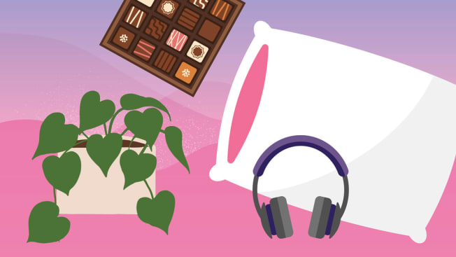 plant, box of chocolates and over the ear headphones