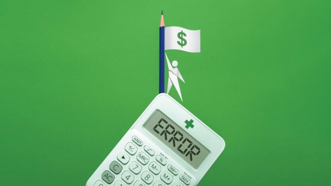 Illustration of a person on standing on top of calculator with error on the screen holding a pencil flag with a dollar sign icon.