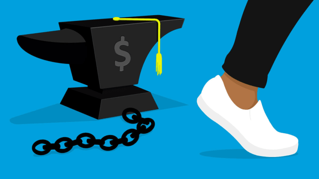 Someone walking away from student debt represented by an anvil-shaped graduation cap with dollar sign and broken chain.