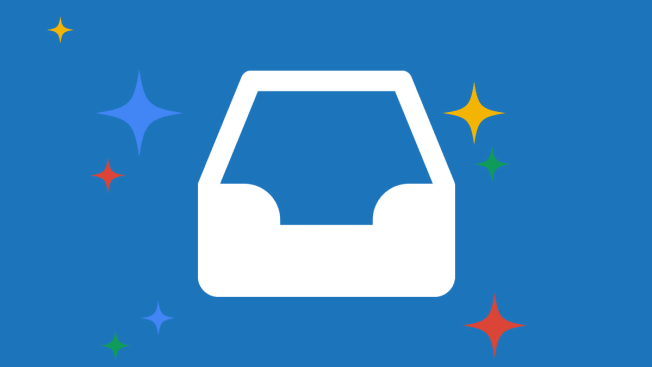 Star burst on blue background with white icon of empty inbox