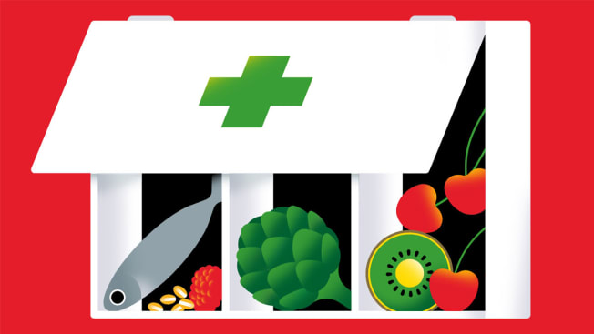 Illustration of first aid kit with food
