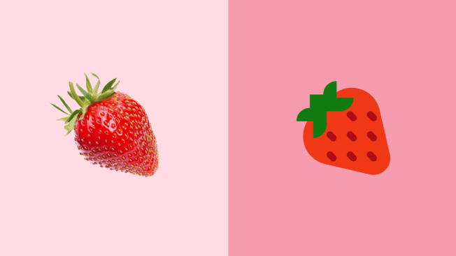A photograph of a strawberry next to an illustration of a strawberry