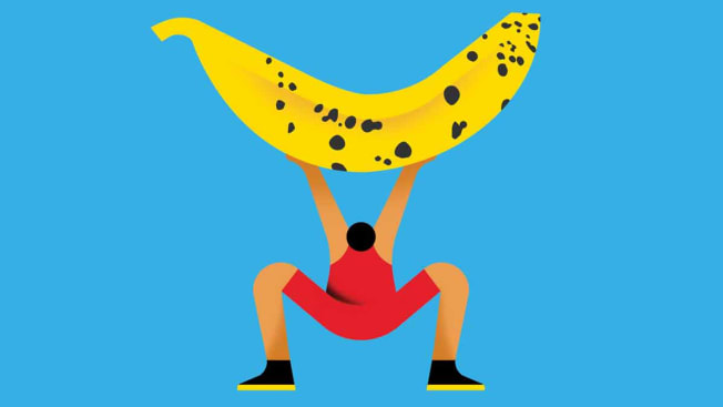 illustration of person doing a squat holding a banana above their head
