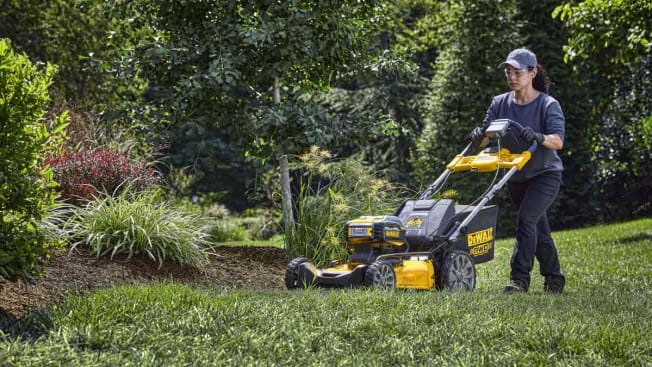 person using push lawn mower on lawn around mulched garden bed