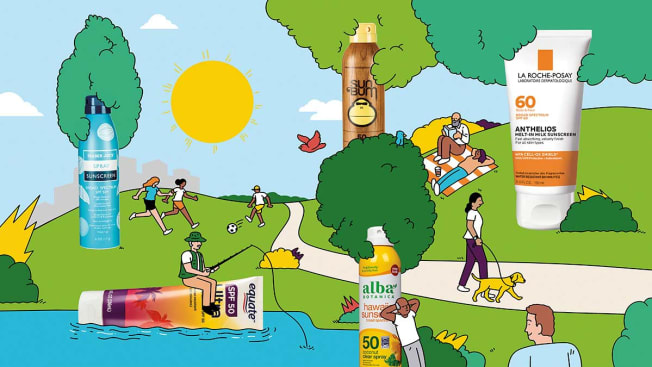 Outdoor scene illustrated around 5 large sunscreen bottles products