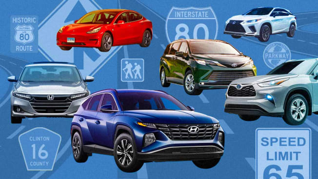 Honda Accord Hybrid, Tesla Model3, Hyundai Tucson Hybrid, Lexus RX450H, Toyota Highlander Hybrid on an illustrated background