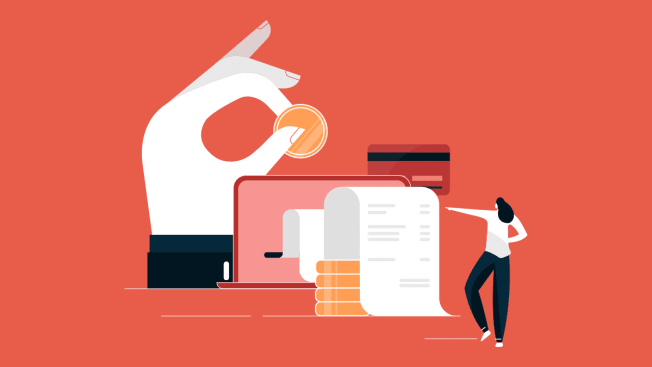 Illustration of a hand with a coin, a credit card and a long bill being printed from a computer