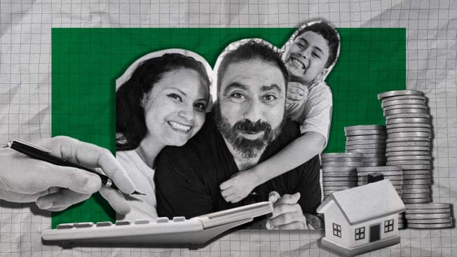 A photo collage with a picture of Octavio with his wife and child along with a calculator, a stack of coins and a house.