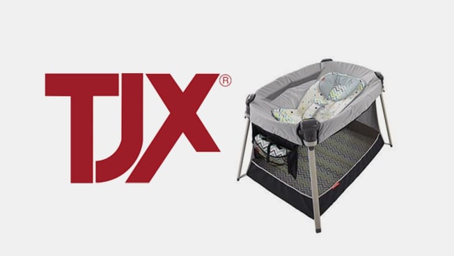 TJX logo and a Recalled Fisher-Price inclined sleeper accessory for Ultra-Lite Day & Night play yards