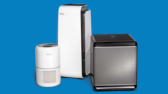 3 air purifiers on blue background