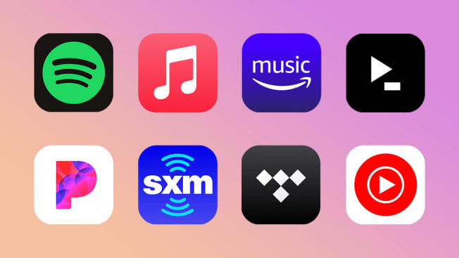 Music Streaming services icons: Spotify, Apple, Amazo, Idagio, Pandora, SiriusXM, Tidal and YouTube