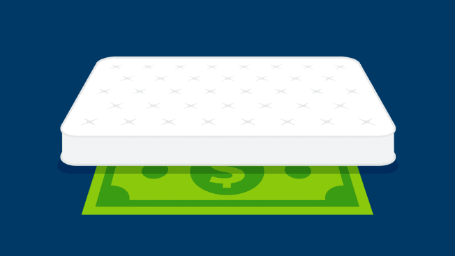 Illustration of large money bill peeking out from under a mattress