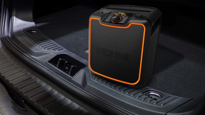 Ion-Audio speaker sitting in the trunk of an SUV.