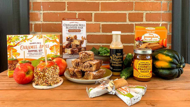 Trader Joe's Caramel Apple Dipping Kit, Cinnamon Roll Blondie Bar Baking Mix, Organic Maple Vinaigrette Dressing, Pumpkin Chipotle Roasting Sauce, and This Pumpkin Walks into a Bar (Cereal Bars)
