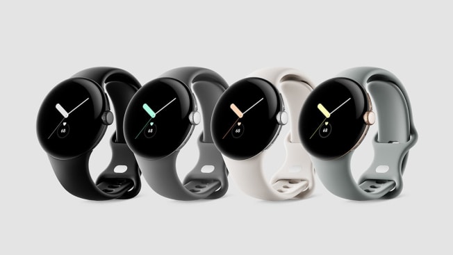 The Google Pixel watch shown in four different band colors.