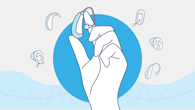 An illustration of a hand holding a hearing aid with multiple hearing aid options around it.