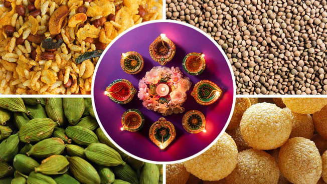 A collage of photos that includes Diwali oil lights, rice chivda, uncooked lentils, cardamom pods, and pani puri