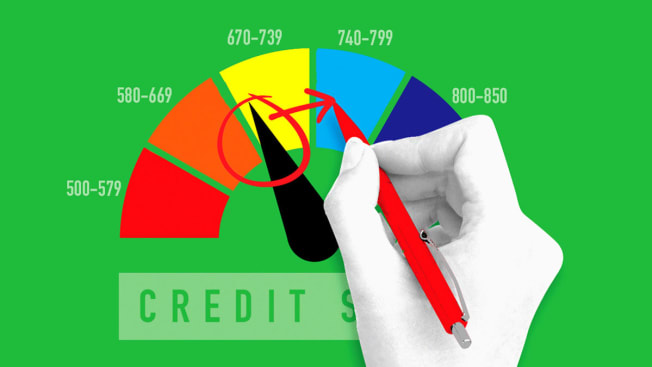 illustration of hand holding red pen making arrow on a credit score graph to make credit score higher