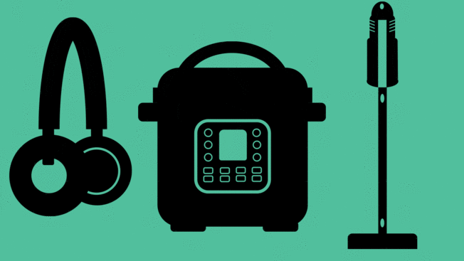 Illustration of headphones, a multicooker, and a stick vac