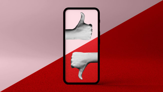 Photo illustration of a cell phone split in half with a thumbs up and a thumbs down.