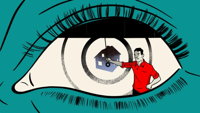 Illustration of a man closing an eyelid shade over an eye ball with a house icon to represent privacy concept.