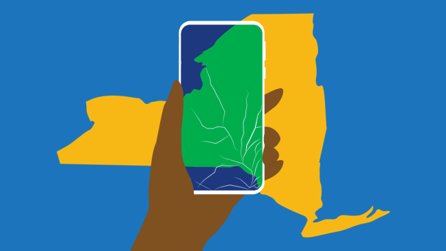 Illustration of a hand holding a cracked cell phone over the outline of New York state.