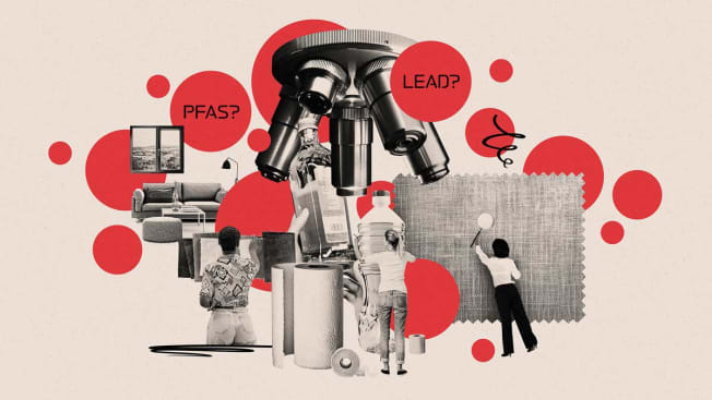 Photo collage with 3 women with a microscope above them surrounded by items that contain Lead or PFAS such as paper towels, water bottles, furniture fabric, and olive oil.