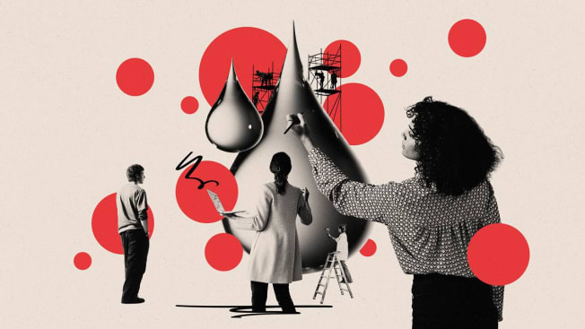 illustration of various people doing different things around water drop (holding computer, writing, painting)