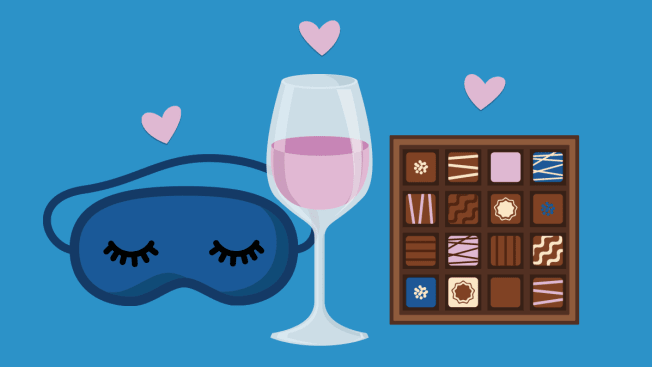 Illustration of a sleeping mask, glass of wine and box of chocolates