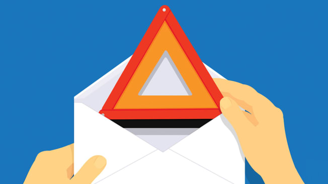 An illustration of a person holding an envelope pulling out a hazard triangle