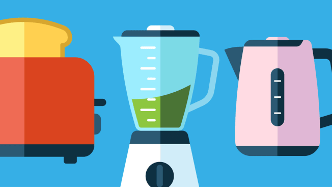 Toaster, Blender and Tea Kettle on blue background