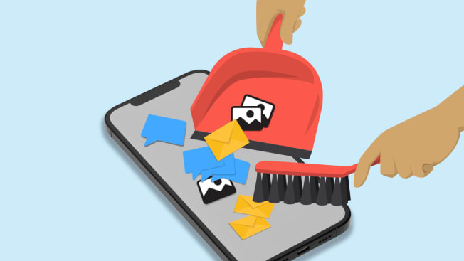 Illustration of a person cleaning up email, messages, and photos from their cell phone with a dust pan.